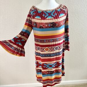 SCULLY HC519 Serape Red Aztec Peasant Dress, Size Medium Women Western Dress